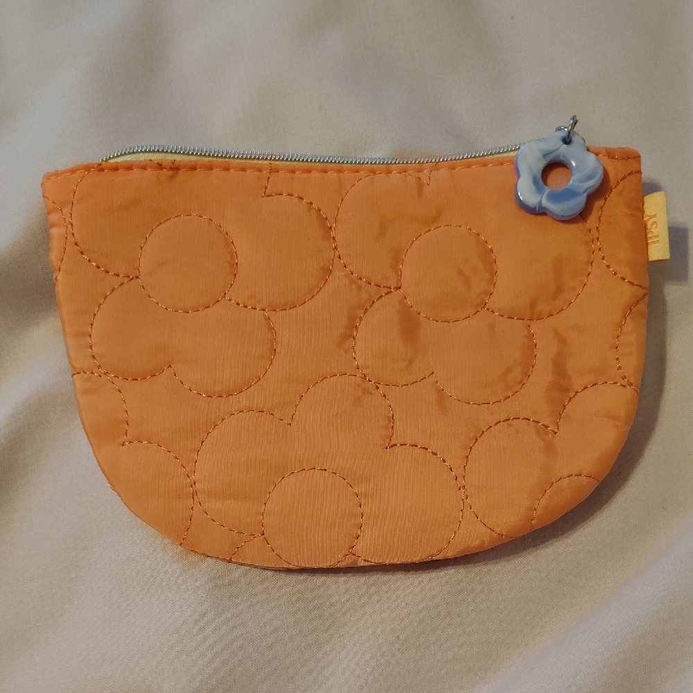 ipsy Orange Floral Quilted Pouch with Blue Flower Pull